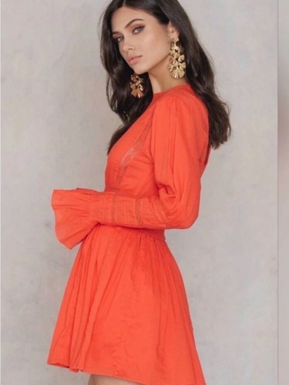Free People Fiery Orange Vintage Victorian Romantic Long-Sleeve Mini Dress